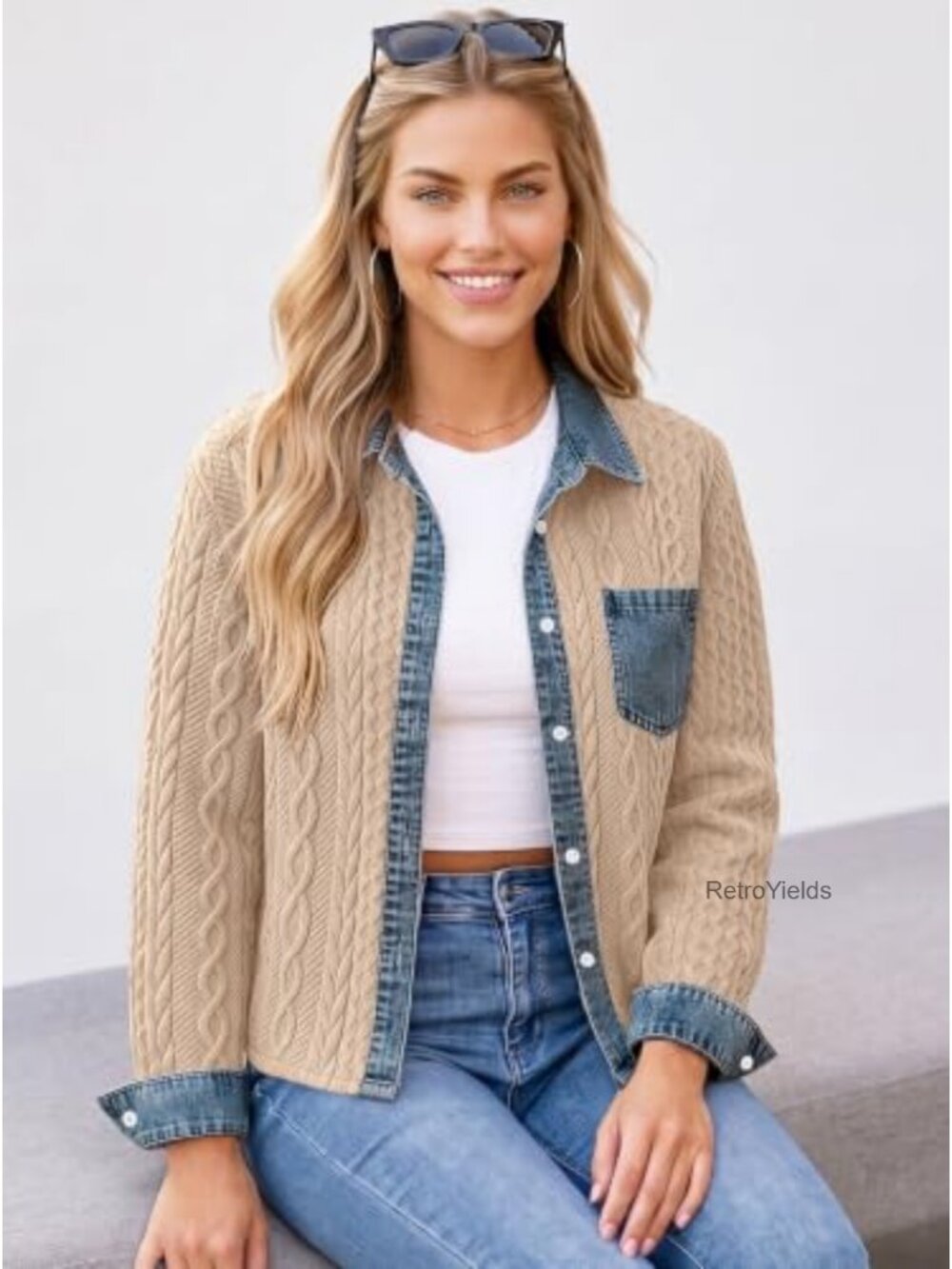 Cropped Denim Patchwork Collared Bomber Jacket Button Up Long Sleeve Shacket - Picture 4 of 6